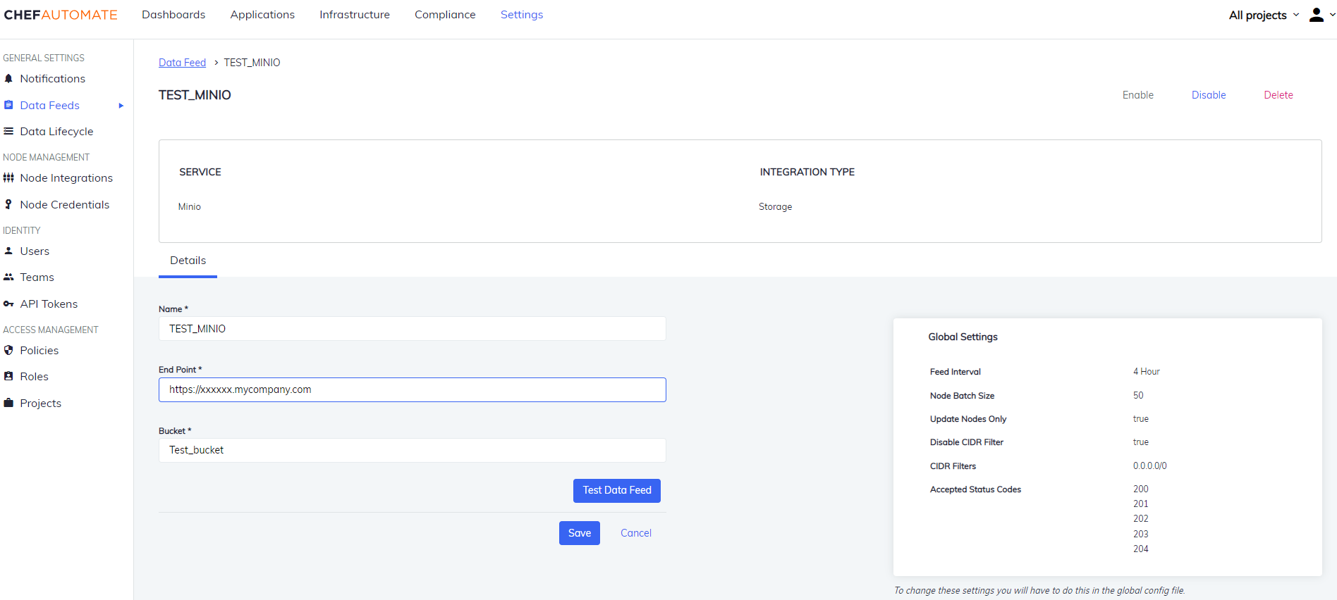 Details of Data Feed Instance using Minio Integration